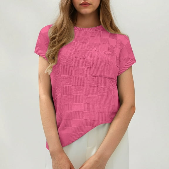 SHITINN Women's Solid Round Neck Short Sleeve Knitted Cardigan with Plaid Splicing European and C Womens Blouse Cute Short Sleeve Tops for Women Summer Shirts Women