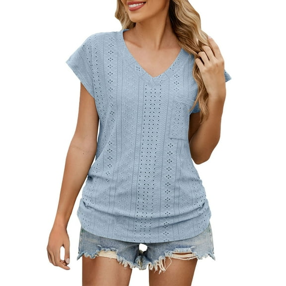 SHITINN Women's Spring/summer Solid Color V Neck Pocket Short Sleeved T Shirt Top Womens Shirt Women's Short Sleeve Tops Summer Shirts Women