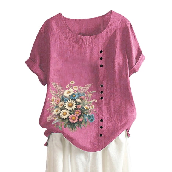 SHITINN Women's Summer Comfort Linen Round Neck Short Sleeve with Button Flower Print T Shirt Top Cute Short Sleeve Tops for Women Womens Clothes Womens Tees Loose Fit
