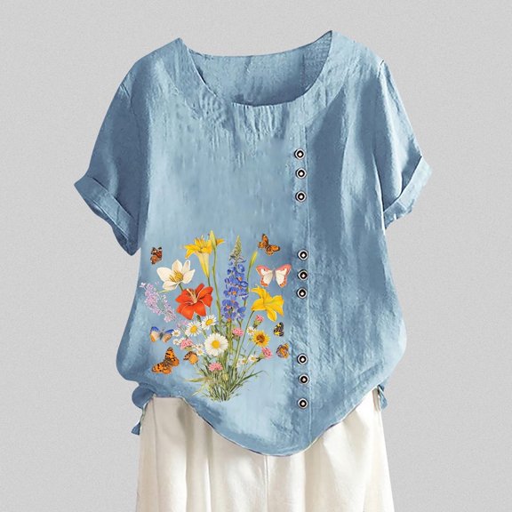 SHITINN Women's Summer Comfort Linen Round Neck Short Sleeve with Button Flower Print T Shirt Top Short Sleeve Blouses Women's Blouses Summer Shirts Women