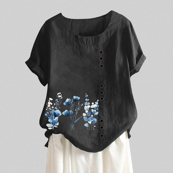 SHITINN Women's Summer Comfort Linen Round Neck Short Sleeve with Button Flower Print T Shirt Top Short Sleeve Blouses Women's T Shirts Women Clothing