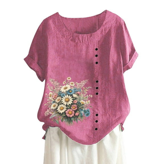 SHITINN Women's Summer Comfort Linen Round Neck Short Sleeve with Button Flower Print T Shirt Top Short Sleeve Tops for Women Women Blouses Summer Tops