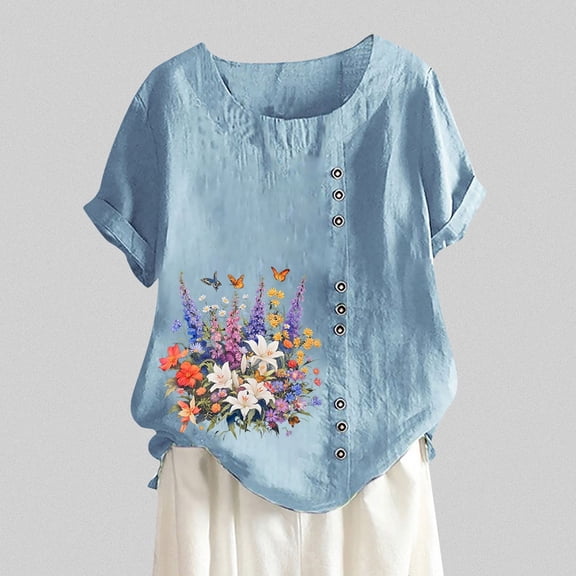SHITINN Women's Summer Comfort Linen Round Neck Short Sleeve with Button Flower Print T Shirt Top Short Sleeve Tunic Tops for Women Women Shirts Casual Cute Summer Tops