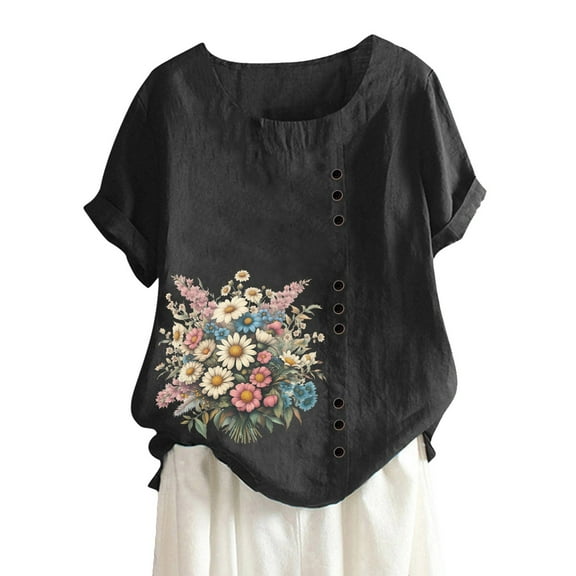 SHITINN Women's Summer Comfort Linen Round Neck Short Sleeve with Button Flower Print T Shirt Top Short Sleeve Womens Tops Casual Tops for Women Womens Summer Clothes