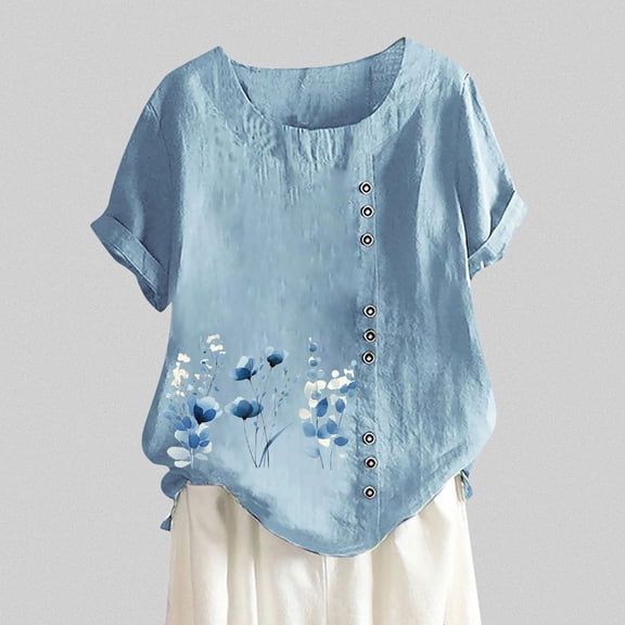 SHITINN Women's Summer Comfort Linen Round Neck Short Sleeve with Button Flower Print T Shirt Top Womens Short Sleeve Blouses Casual Tops for Women Womens Summer Shirts