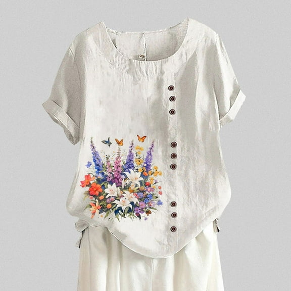 SHITINN Women's Summer Comfort Linen Round Neck Short Sleeve with Button Flower Print T Shirt Top Womens Short Sleeve Blouses Women Tops Casual Summer Top Women