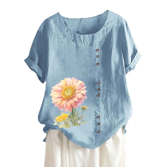 SHITINN Women's Summer Comfort Linen Round Neck Short Sleeve with Button Flower Print T Shirt Top Womens Short Sleeve Blouses Women Tops Casual Womens Shirts Summer