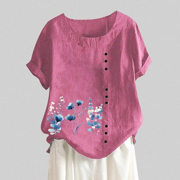 SHITINN Women's Summer Comfort Linen Round Neck Short Sleeve with Button Flower Print T Shirt Top Womens Short Sleeve Blouses Womens Tops Trendy Women Summer Outfits