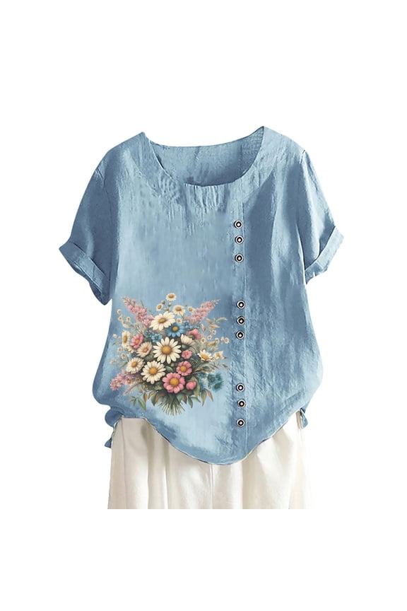 Women's Summer Comfort Linen Round Neck Short Sleeve with Button Flower Print T Shirt Top Womens Short Sleeve Shirts T Shirts for Women Trendy Tops for Women 2025