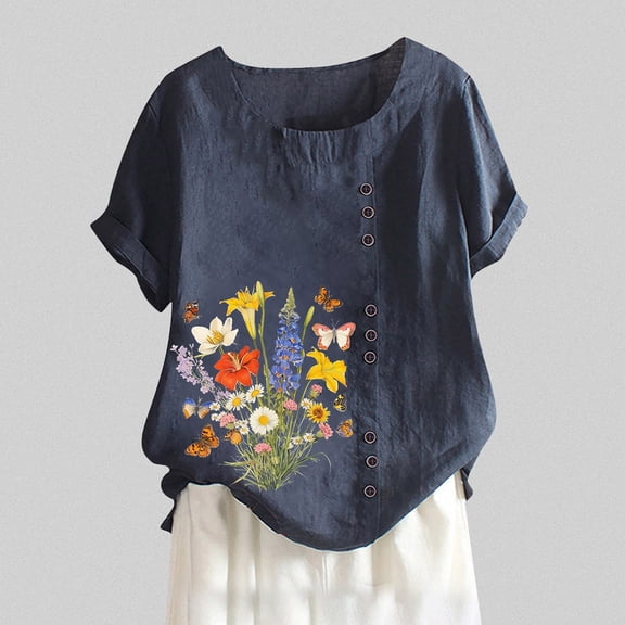 SHITINN Women's Summer Comfort Linen Round Neck Short Sleeve with Button Flower Print T Shirt Top Womens Summer Tops Short Sleeve T Shirts Women Summer Tops for Women