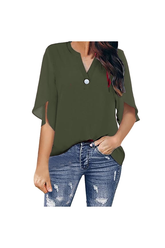 Women's Summer Dressy Chiffon Blouses Flutter Sleeve Blouse Tops V Neck Ruffle Short Slee Womens Short Sleeve Shirts Women's Tops Women Clothing