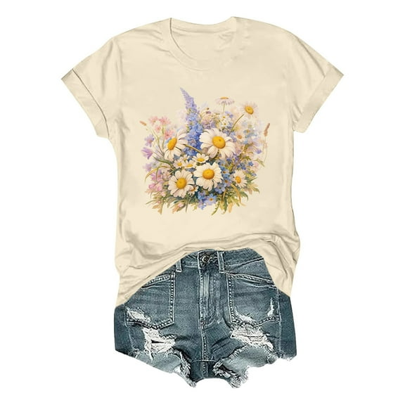 SHITINN Women's Summer Fashion Comfortable Floral Print Short Sleeve T Shirt Top Women's Clothes Short Sleeve Blouses for Women Womens Summer Tops