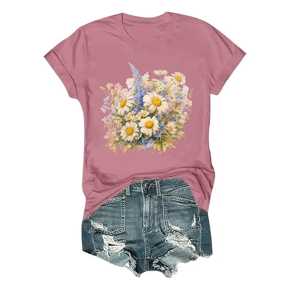 SHITINN Women's Summer Fashion Comfortable Floral Print Short Sleeve T Shirt Top Womens Blouses Short Sleeve Tops Summer Shirts for Women