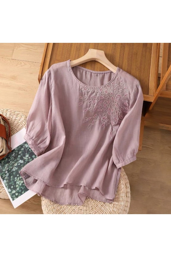 Women's Summer Literary Retro Buckle Embroidery Loose Slanted Placket Tea Jacket Shirt Women's Blouses Womens Short Sleeve Tops Womens Summer Clothes