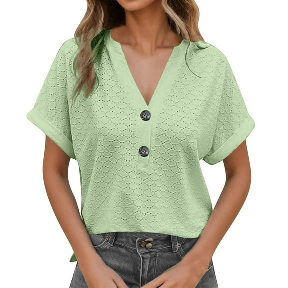 SHITINN Women's Summer Short Sleeve V Neck Button Down Blouse Stylish Jacquard Loose Fit Casual T Women's Shirts Short Sleeve Blouses for Women Women Summer Top