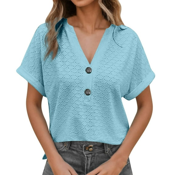 SHITINN Women's Summer Short Sleeve V Neck Button Down Blouse Stylish Jacquard Loose Fit Casual T Womens Tee Short Sleeve Blouses for Women Cute Summer Tops