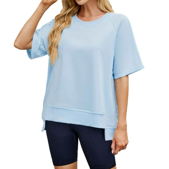 SHITINN Women's Summer Stitching Solid Color Round Neck Short Sleeve Loose Top T Shirt Women Tshirts Short Sleeve Tops Summer Shirts for Women 2025