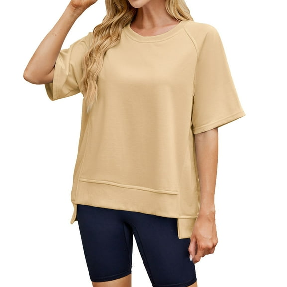 SHITINN Women's Summer Stitching Solid Color Round Neck Short Sleeve Loose Top T Shirt Womens Casual Tops Short Sleeve Blouses Trendy Tops for Women 2025
