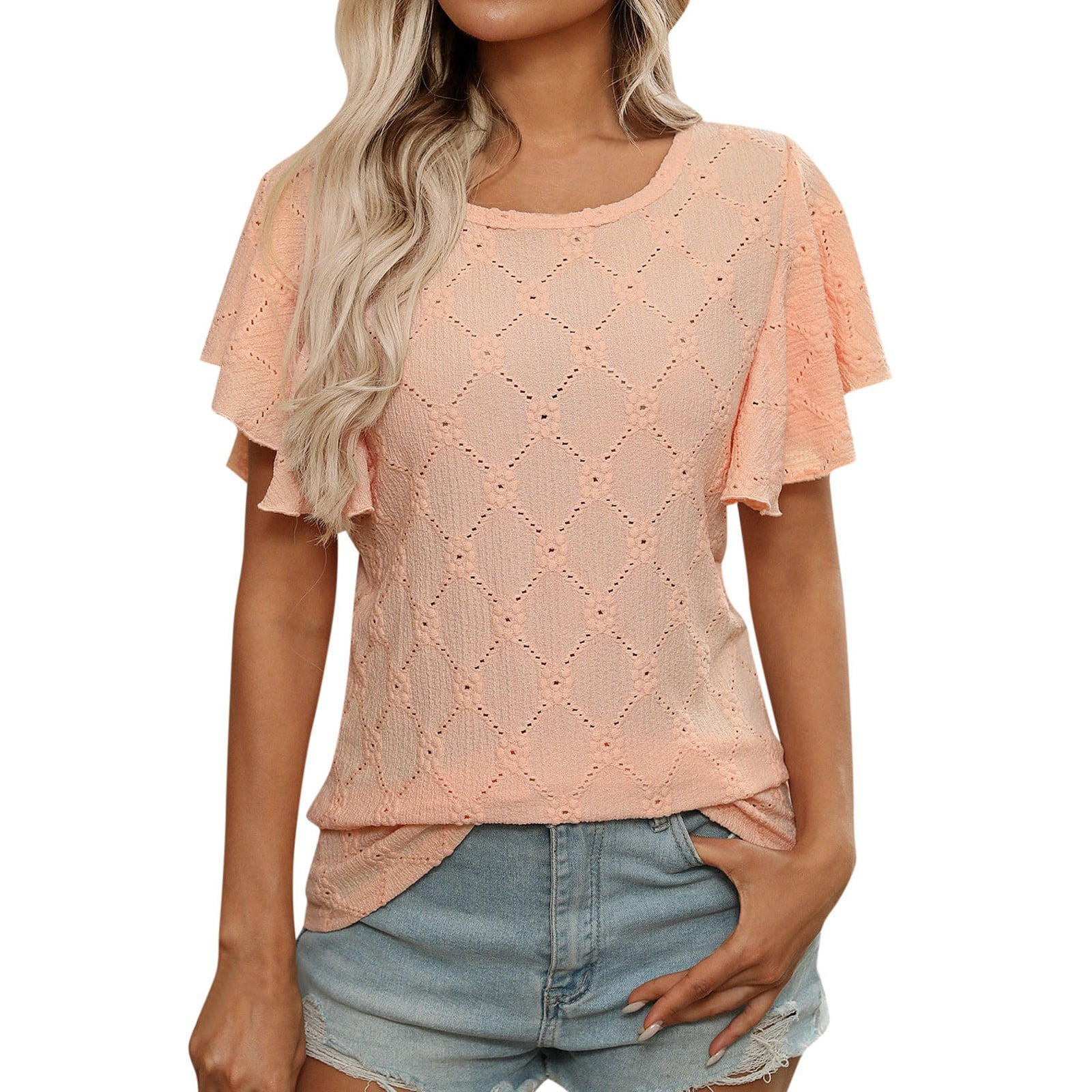 SHITINN Women's Summer T Shirt with Floral Cutout and Ruffle Sleeves ...
