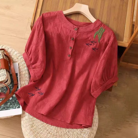 SHITINN Women's Summer Thin Literary and Beautiful Embroidered Slim Short Sleeved T Shirt Short Sleeve Shirts for Women Women's Tops Summer Tops