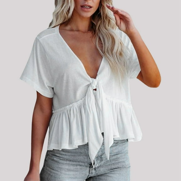 SHITINN Women's T Shirt Women's Solid Color Patchwork Loose Short Sleeved Lace Up Ruffled Top Womens Short Sleeve Shirts Women's Clothing Women Blouse