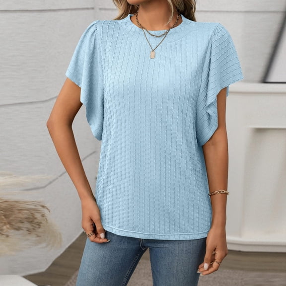 SHITINN Women's Textured Round Neck Flutter Sleeve T Shirt for Casual Wear Short Sleeve Tops for Women Blouse for Women Womens Clothes Summer