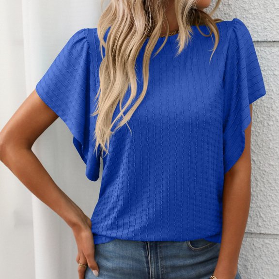SHITINN Women's Textured Round Neck Flutter Sleeve T Shirt for Casual Wear Womens Short Sleeve Tops Shirts for Women Womens Summer T Shirts