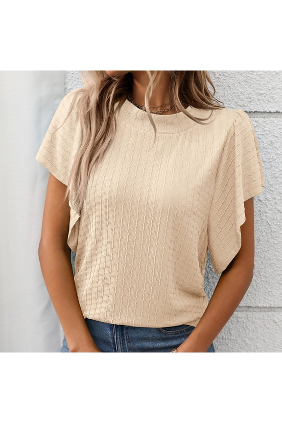 Women's Textured Round Neck Flutter Sleeve T Shirt for Casual Wear Womens Short Sleeve Tops Women Tops Casual Summer Shirts
