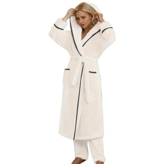 SHITINN Women's Thickened Comfortable Hooded Robe Winter Casual Wear Long Pajama Set Women's Sleepwear Ladies Satin like Pajama Shirt Plaid Pajama Set for Women Women Sleepwear Pajama Womens Pajamas