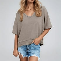 SHITINN Women's Tops Casual Solid Color Short Sleeve V Neck T Shirt Womens Short Sleeve Tops Womens Summer Outfits