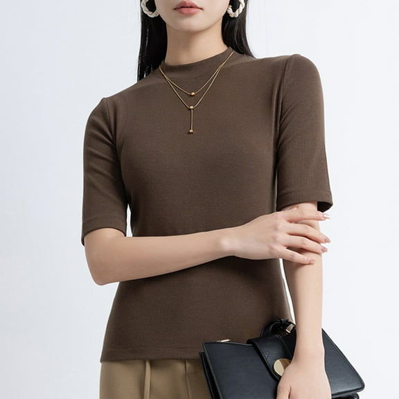 SHITINN Women's Turtle Neck Slim Fit Half Elbow Short 3/4 Sleeve T Shirts Tight Tops Tee Short Sleeve Blouses Womens Blouses Casual Womens Summer Shirts