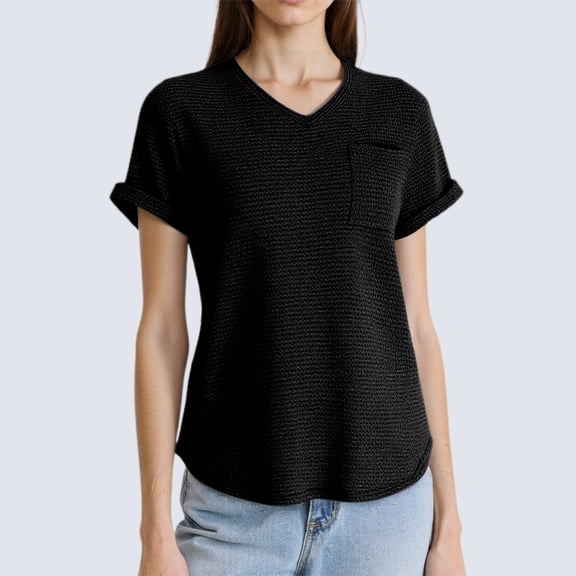 SHITINN Women's V Neck Short Sleeve Knit Shirt with Pockets Stylish and Casual for Summer Short Sleeve Blouses for Women T-Shirts for Women Tops for Women Trendy Summer