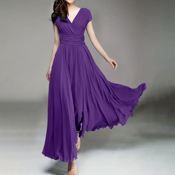 SHITINN Women's V Neck Solid Color Short Sleeve Chiffon Waist Closing Evening Dress Tuxedo Nightgown Enjoy Night Pajamas Lady Night Clothes