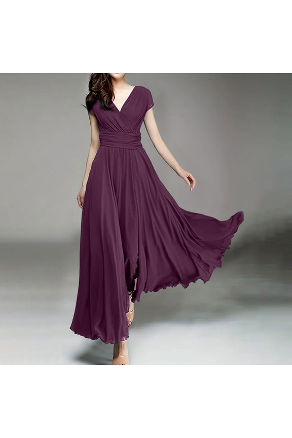 Women's V Neck Solid Color Short Sleeve Chiffon Waist Closing Evening Dress Tuxedo Nightgown Enjoy Night Pajamas Lady Night Clothes