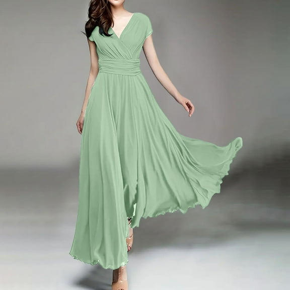 SHITINN Women's V Neck Solid Color Short Sleeve Chiffon Waist Closing Evening Dress Tuxedo Nightgown Enjoy Night Pajamas Lady Night Clothes