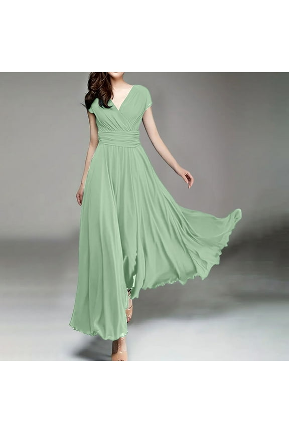 Women's V Neck Solid Color Short Sleeve Chiffon Waist Closing Evening Dress Tuxedo Nightgown Enjoy Night Pajamas Lady Night Clothes