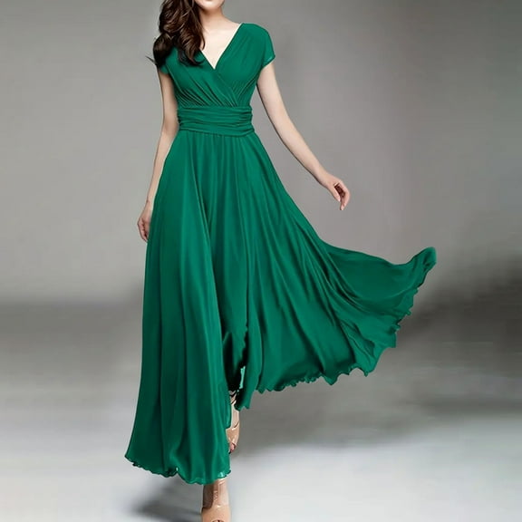 SHITINN Women's V Neck Solid Color Short Sleeve Chiffon Waist Closing Evening Dress Tuxedo Nightgown Enjoy Night Pajamas Lady Night Clothes