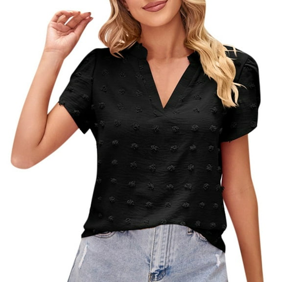 SHITINN Women's V Neck T Shirt with Chiffon Pompom Detail Casual Summer Top Short Sleeve Blouses for Women T Shirts for Women Summer Shirts for Women