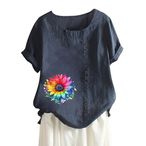 SHITINN Women's Vintage and Linen Print Short Sleeved Loose Casual T Shirt Top Casual Womens Tops Short Sleeve Shirts for Women Summer Tops