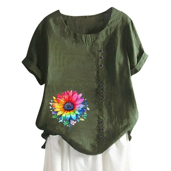 SHITINN Women's Vintage and Linen Print Short Sleeved Loose Casual T Shirt Top T Shirts for Women Short Sleeve Tops Women Summer Outfits