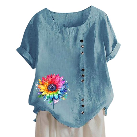 SHITINN Women's Vintage and Linen Print Short Sleeved Loose Casual T Shirt Top T Shirts for Women Womens Short Sleeve Blouses Shirts for Women Trendy