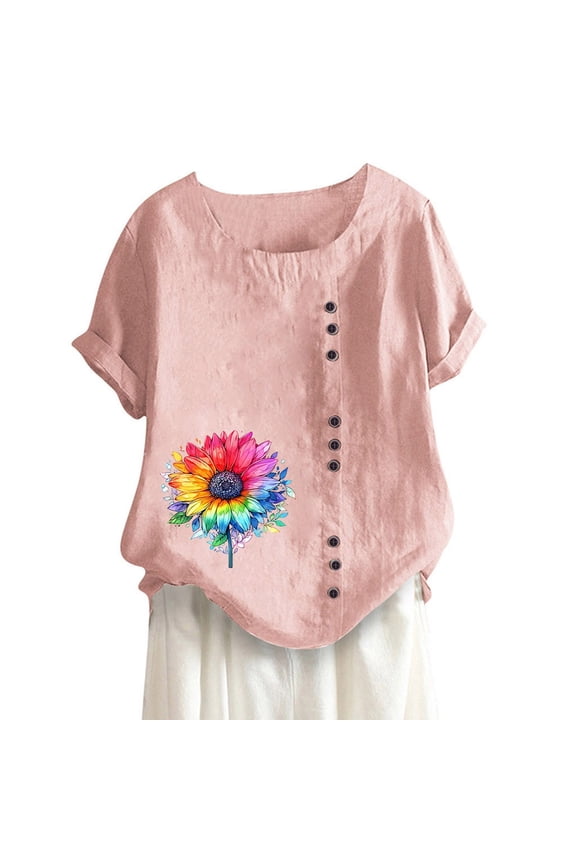 Women's Vintage and Linen Print Short Sleeved Loose Casual T Shirt Top T-Shirts for Women Womens Short Sleeve Tops Women Clothing