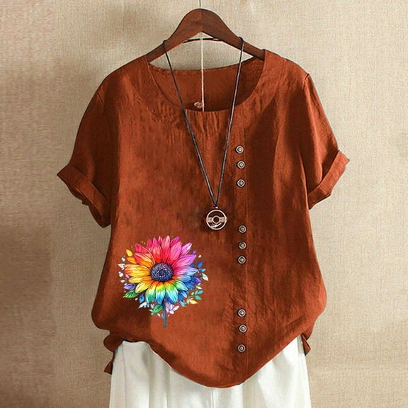 SHITINN Women's Vintage and Linen Print Short Sleeved Loose Casual T Shirt Top Tee Shirts Womens Short Sleeve Blouses for Women Cute Summer Tops