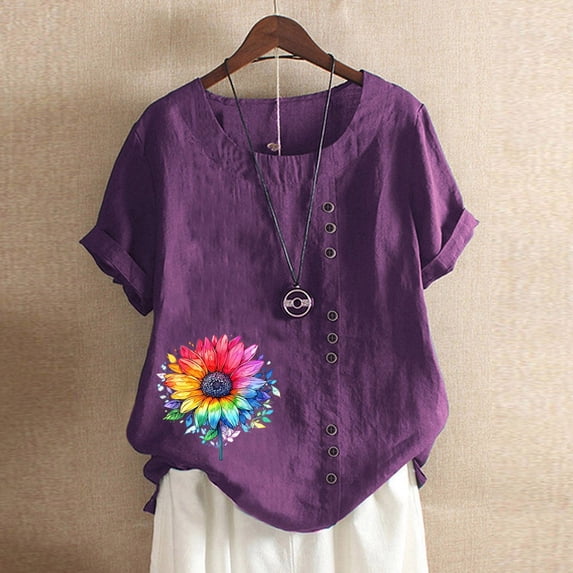 SHITINN Women's Vintage and Linen Print Short Sleeved Loose Casual T Shirt Top Women Tops Casual Short Sleeve Tops Summer Tops for Women 2025
