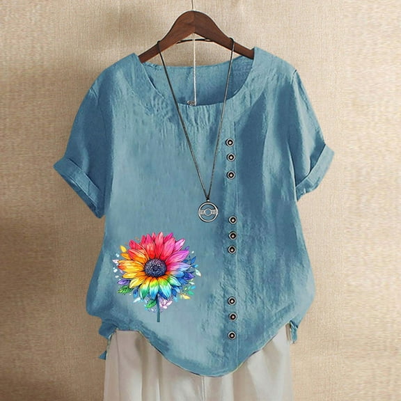 SHITINN Women's Vintage and Linen Print Short Sleeved Loose Casual T Shirt Top Womens Clothing Short Sleeve Tunic Tops for Women Womens Summer Shirts