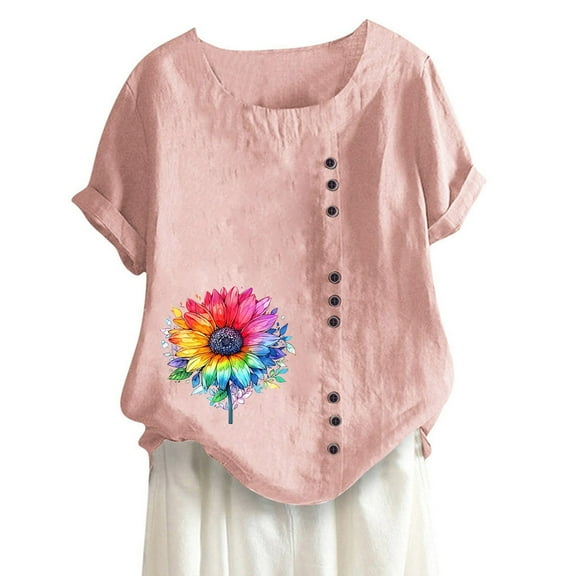 SHITINN Women's Vintage and Linen Print Short Sleeved Loose Casual T Shirt Top Womens Tops Short Sleeve Tunic Tops for Women Womens Shirts Summer