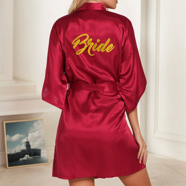 SHITINN Women's Wedding Party Team Bride Robe Letters Kimono Satin