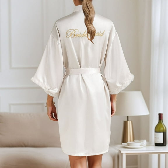SHITINN Women's Wedding Party Team Bride Robe Letters Kimono Satin Pyjamas Bridesmaid Bathrobe Dry Towel Robe Wrap for Women with Pockets Satin Robes Long