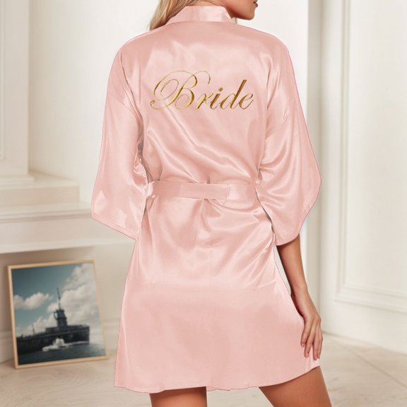 SHITINN Women's Wedding Party Team Bride Robe Letters Kimono Satin Pyjamas Bridesmaid Bathrobe Long Hooded Robe Womens Short Robe Hooded Shower Wrap Towel for Women Short