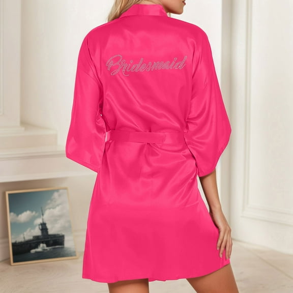 SHITINN Women's Wedding Party Team Bride Robe Letters Kimono Satin Pyjamas Bridesmaid Bathrobe Satin Robe Long Sleeve Women Robes 3x Ladies Robe